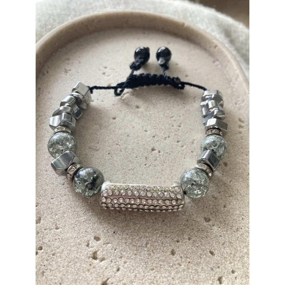 Crackle Glass Bead Bracelet Silver‎ Tone Rhinestone Spacer Macrame Slider Whimsy